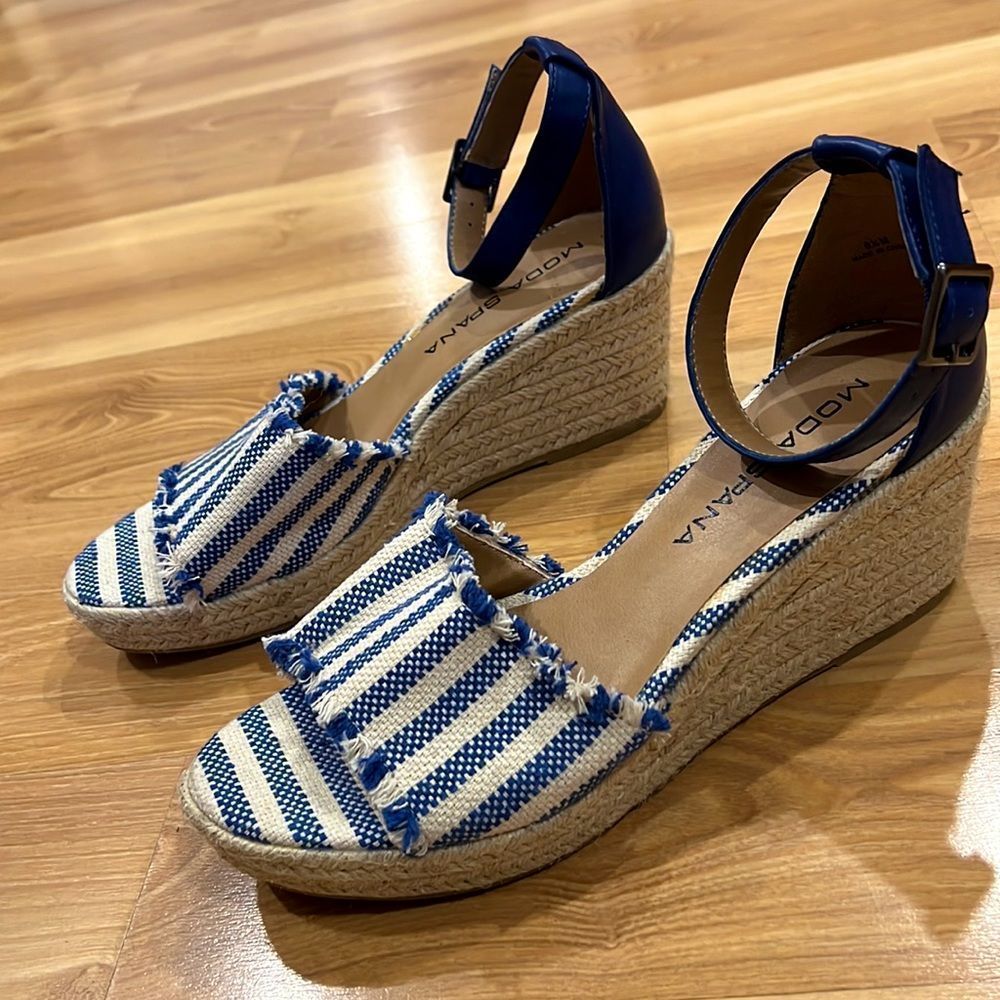 Blue Striped Strappy Wedges 8.5